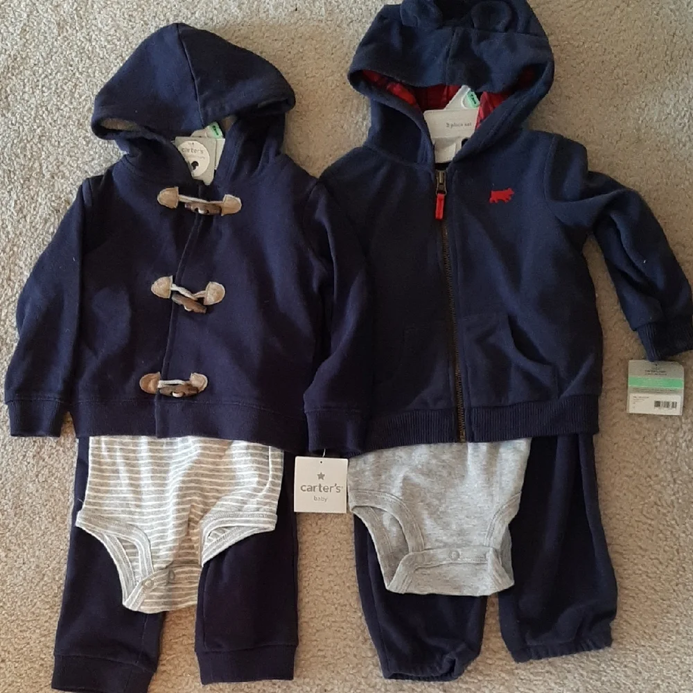 2 NWT Carter's Navy and Gray 3 Piece Baby Outfit Set